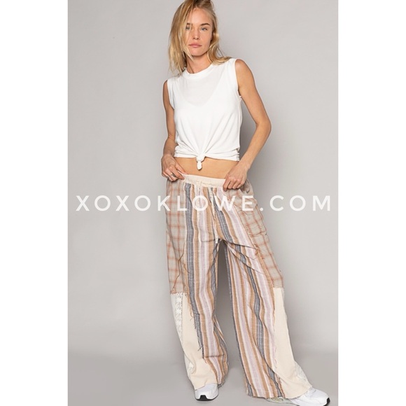 POL Cream Tan Plaid + Stripes Lace Leg Drawstring Pants - Picture 10 of 15